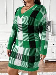 Calvaya 大码女式 V 领格子休闲通勤针织毛衣连衣裙，秋冬 - 彩色 - 查看 3