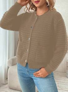 Franclia Plus Size Solid Color Button Front Long Sleeve Pocket Simple Casual Sweater