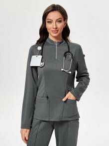 TaskEZ Women's Long Sleeve Collared Multi-Pocket Nursing Uniform Scrub Top - Grey - View 7