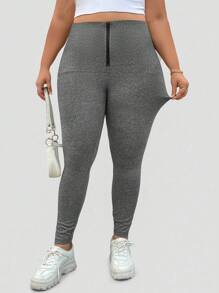 Flirla Quần legging cạp thấp đơn giản cho hoạt động giải trí cỡ lớn, mặc thường ngày - Xám - Xem 5