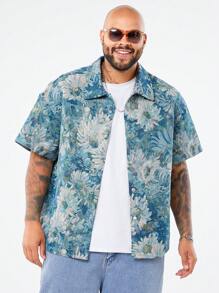 Manfinity VCAY Áo sơ mi nam tay ngắn họa tiết hoa màu xanh dệt khối màu rộng rãi, thường ngày, dành cho đi chơi - Màu xanh lam - Xem 5