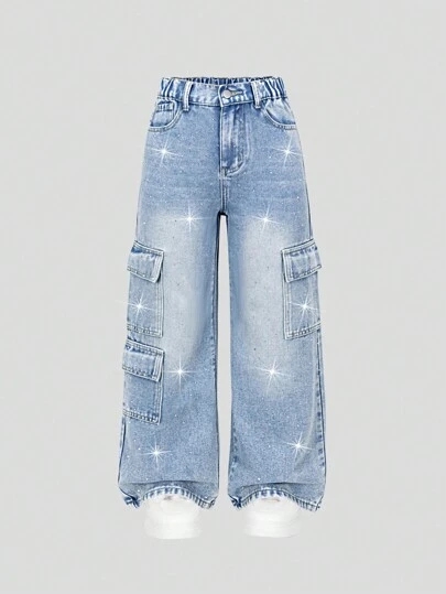 SHEIN TWEEN GIRL Y2K Urban Street Casual Style Glitter Stone Details Elastic Waist Wide Leg Cargo Jeans With Versatile Flat Pockets, School, Campus, College Summer Holiday