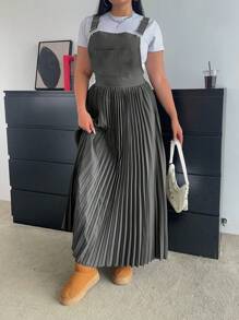 Flirla 1 件女式纯色褶皱吊带连衣裙，韩版简约宽松带口袋，适合夏秋季 - 淺灰色 - 查看 3