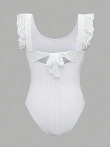 SHEIN Swim Women's Summer V-Neck Lace Trim Solid Color Beach One-Piece Swimsuit With Tummy Concealing - White - View 2