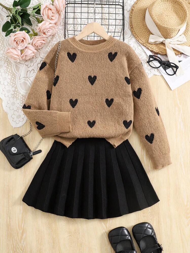 SHEIN Tween Girl Heart Pattern Drop Shoulder Round Neck Sweater And Solid Black Pleated Skirt 2 Pcs Set, For Daily Wear,Back To School, Casual Occasions, Warm For Autumn Winter, Daily Wear - Brown - View 1
