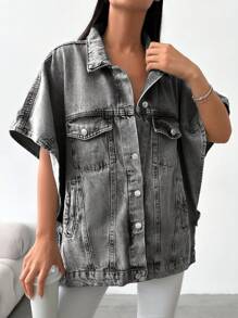 EURMUSE Loose & Casual Half Sleeve Denim Jacket - Black - View 5