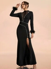 SHEIN Belle Vestido elegante de Navidad de mujer con contraste de encaje tejido, manga larga, adornado con cristales, ajustado con abertura, midi, negro, vestido de fiesta formal para invitados de boda, graduación, cena