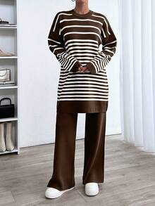 EURMUSE Woman Striped Crew Neck Casual Comfy Warm Sweater Pants Co-Ords - Brown - View 3