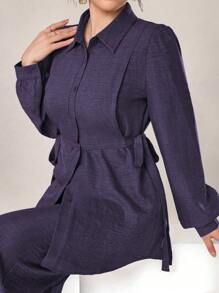 Graceveil 2pcs Women Casual Solid Color Texture Button Front Top And Pants Set, Autumn 2 Pieces Set Modest Fall Cloth For Women - Purple - View 5