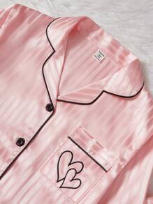 2pcs/Set Teen Girl Pajamas, Pink With Simple Stripe Pattern And Heart Print In Soft Fabric, Long Pants And Long Sleeve Top
