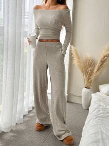 SHEIN EZwear Women Stripe V-Neck Top And Loose Pants Set - Apricot - View 5