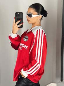 SHEIN ICON 超大号拼色印花 V 领女式运动衫 - 紅色 - 查看 4