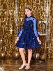 SHEIN Tween Girl Elegant Mesh Long Sleeve Dress, Shiny Fabric, Suitable For Dances, Parties, Christmas Events