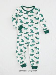 Cozy Pixies 2pcs Young Boy Snug Fit Cartoon Crocodile Pattern Color Block Soft Knit Crew Neck Long Sleeve Top And Pants Pajama Set