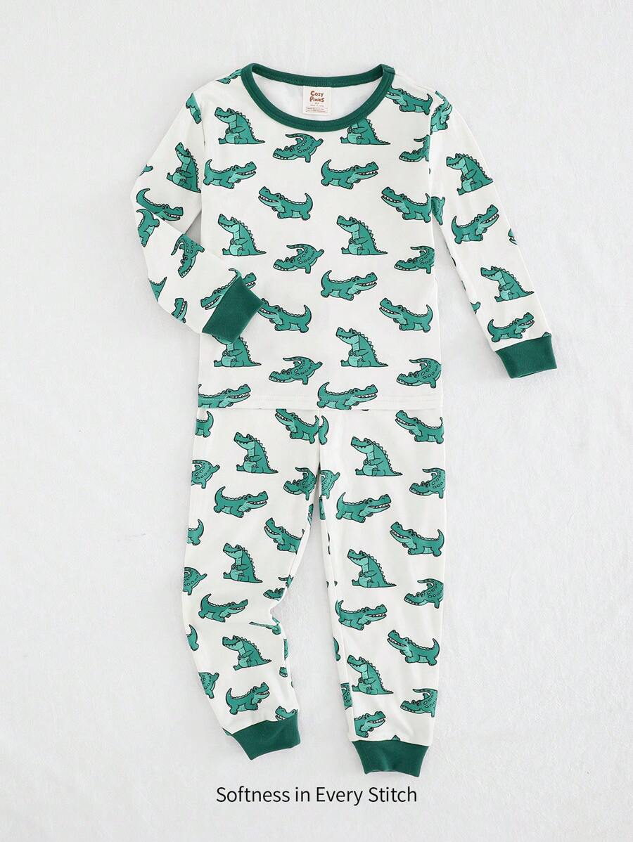 Cozy Pixies 2pcs Young Boy Snug Fit Cartoon Crocodile Pattern Color Block Soft Knit Crew Neck Long Sleeve Top And Pants Pajama Set