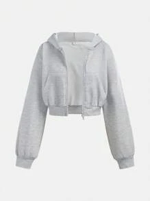 SHEIN Girlism Teen Girl Gray Hooded Two-Piece Set, Double-Zipper Jacket With Straight-Leg Loose Pants, Collegiate Style Set, Suitable For Back To School, Street Wear