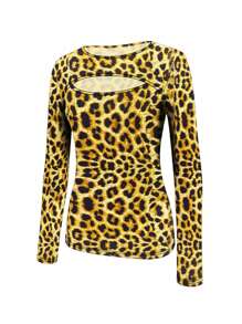 INAWLY Camiseta Casual Feminina de Manga Longa com Decote Redondo e Estampa de Leopardo e Guepardo Vazada - Gengibre - Visão 3