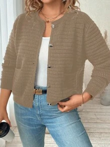 Franclia Plus Size Solid Color Button Front Long Sleeve Pocket Simple Casual Sweater