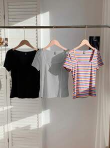 Comfortcana 3 件套女士彩色条纹短袖短款休闲修身 T 恤，适合夏季 - 彩色 - 查看 3