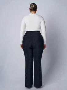 SHEIN EZwear Plus Size Glossy Elastic Knit Flare Pants, Suitable For Party - Silver - View 2