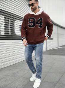 Manfinity Homme Sudadera con capucha informal de talla grande para hombres con bordado de letra y contraste de colores para otoño/invierno - Marrón - Ver 4