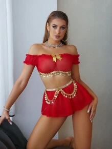 Set de 3 piezas lencería sexy con hombros descubiertos y volantes