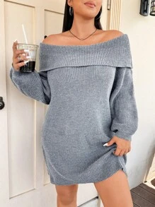 Flirla 大码纯色露肩长袖休闲短款针织毛衣连衣裙，适合冬季