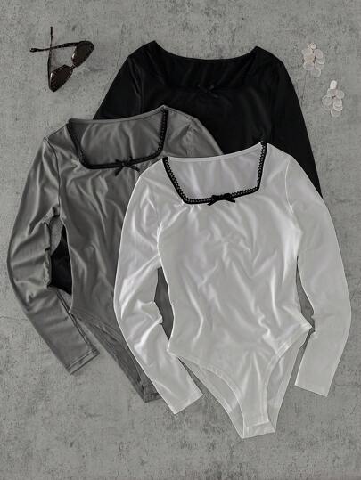 INAWLY Women Lace Panel Long Sleeve Bow Decor Casual T-Shirt Fall Cloth For Women