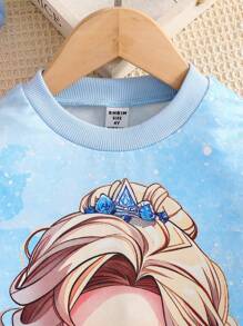 年轻女孩卡通印花圆领上衣和迷你裙套装，休闲秋季 - 藍色 - 查看 3