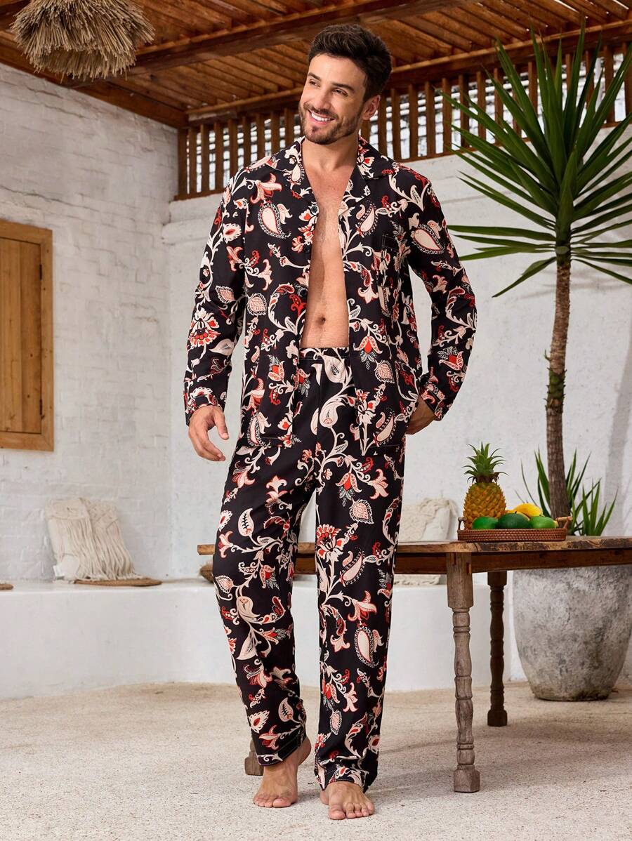 Manfinity ChillVibe Bộ đồ nam 2 món/bộ cài nút phía trước dài tay in họa tiết tối giản thường ngày mặc ở nhà và quần - màu đen - Xem 1