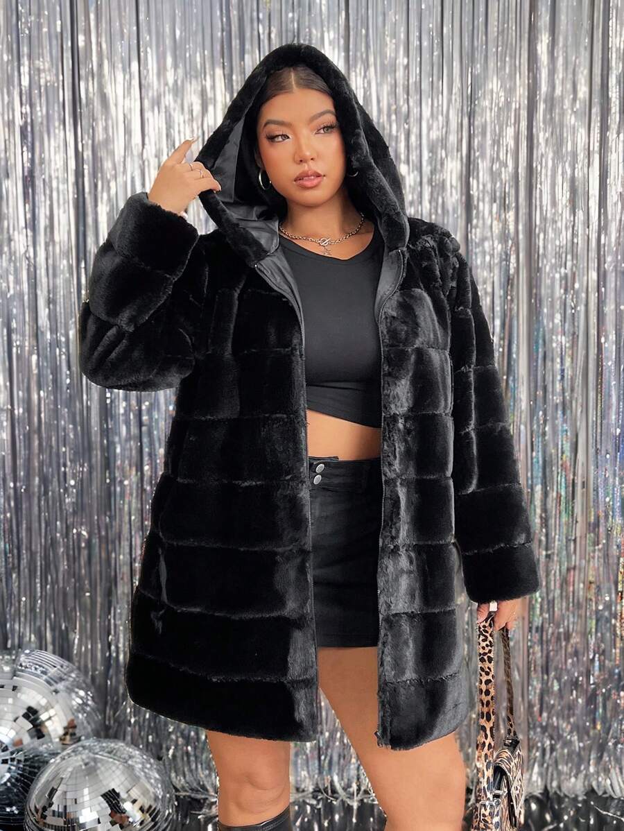 SHEIN EZwear 冬季大码女式黑色毛绒休闲夹克 - 黑色 - 查看 1