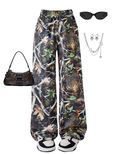 SHEIN Tween Girls Loose Fit Camo Print Wide Leg Casual Sweatpants