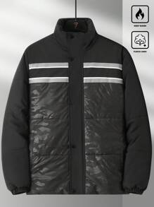 Manfinity Homme Men's Striped Print Zipper Padded Coat, Winter - Black - View 1