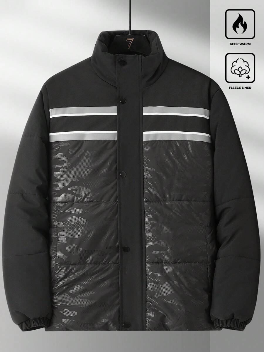 Manfinity Homme Men's Striped Print Zipper Padded Coat, Winter - Black - View 1