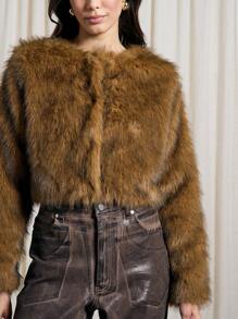 AiiRZ Luxurious Faux Fur Cropped Jacket Plush Short Coat Winter Fall Outerwear Soft Fluffy Cozy Fashion Forward Party Evening Sophisticated Style - Multicolor - View 4