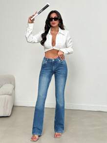 EURMUSE Solid Color Skinny Pocket Casual Versatile Washed Flare Jeans - Medium Wash - View 5