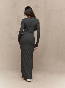 MISSGUIDED 泽西条纹亨利领修身长袖上衣搭配紧身长裙休闲两件套