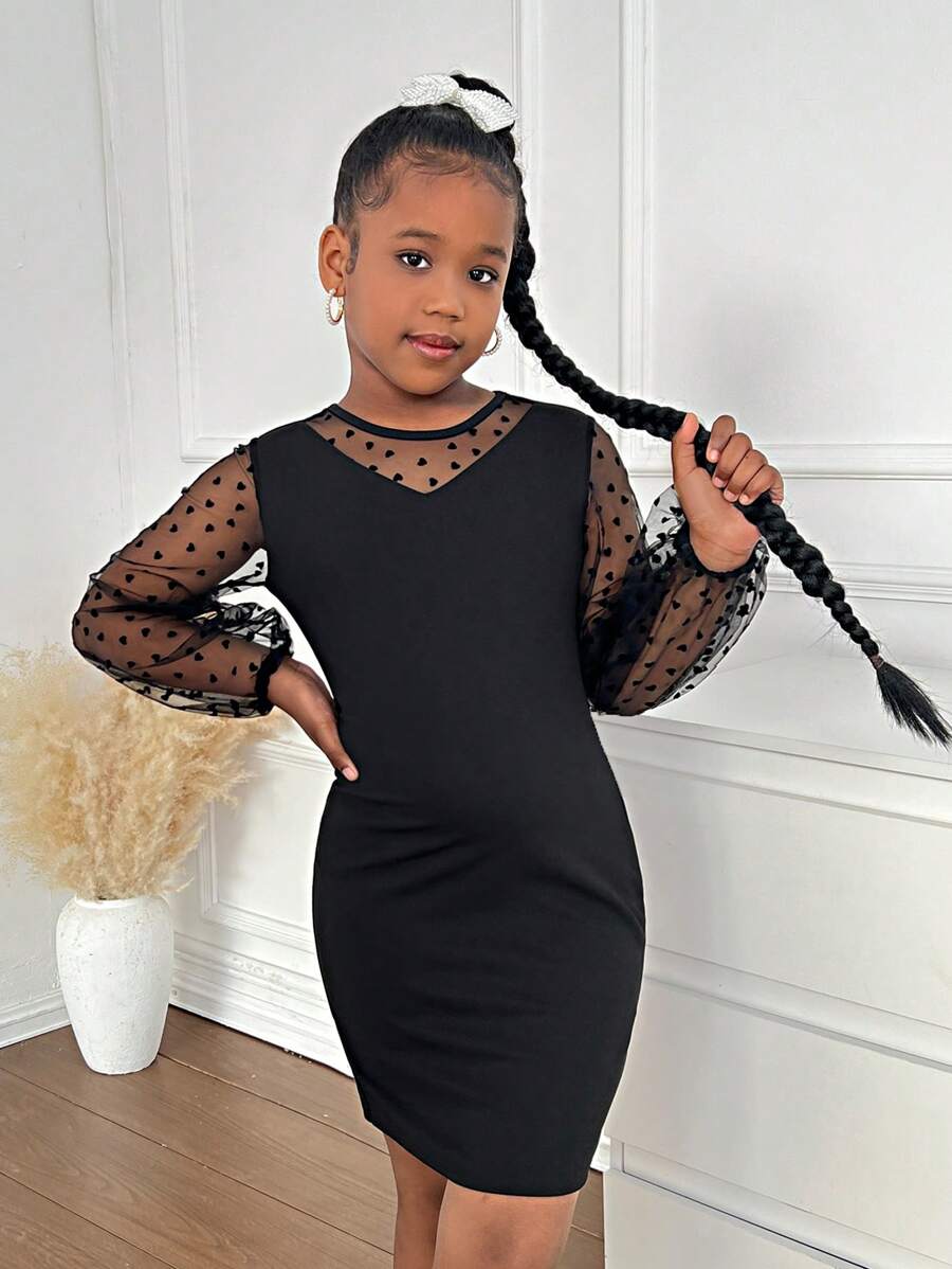 SHEIN Tween Girl Elegant Casual Street Style Heart Flocked Mesh Patchwork Petal Sleeve Casual Dress, Suitable For Party And Outings In Autumn/Winter - Black - View 1