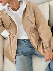 SHEIN Essnce Damen und Mutter-Kind Jacke in Khaki, lässiger Reißverschluss Kapuzenpullover aus warmem Fleece für den Outdoor-Bereich, modische lässige Kapuzenjacke mit Taillenzugband und thermisch gefüttertem Umschlagdetail zum Warmhalten, Herbst/Winter