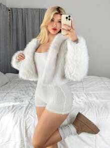 Sweetina 1 件女士纯色连帽长袖蓬松夹克冬季 - 白色 - 查看 4