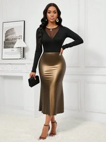 SHEIN Lady Eleganter Pendlerrock im Meerjungfrauenrock-Stil für Frauen, goldener Rock, Herbstrock, Winterrock, brauner Rock - Gold - Übersicht 4