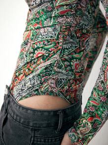 Maija 女士秋冬巴黎图案印花立领镂空长袖修身紧身衣，百搭日常穿着