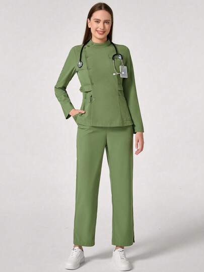 TaskEZ 女士立领单排扣长袖口袋上衣和裤子手术服套装，纯色 2 件撞色边饰休闲短袖上衣和纯色裤子手术服套装，手术服套装