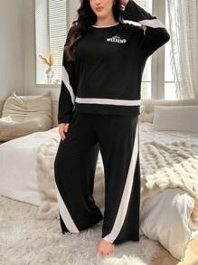 1set Plus Size Color Block Letter Print Long Sleeve Top And Pants Sleepwear Lounge Set - Black - View 4