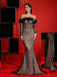 Glamrae 优雅红色露肩领口 3D 花卉胸罩杯骨腰收鱼尾连衣裙，适合婚礼、单身派对、度假、毕业典礼、舞会、非正式晚礼服、婚礼宾客礼服 - 黑色 - 查看 4