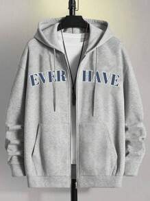 Manfinity Hypemode Áo nỉ có mũ trùm đầu in chữ thường ngày cho nam, mùa thu/đông - Màu Xám nhạt - Xem 3