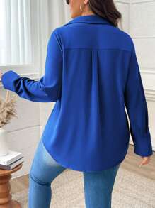 Flirla 大码女式纯色落肩长袖单排扣休闲衬衫，秋季 - 寶藍色 - 查看 2