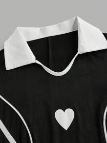 SHEIN Sports 女士休闲拼色短袖心形印花直筒连衣裙网球裙 - 黑色 - 查看 5