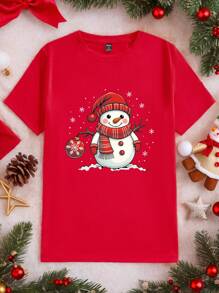 Manfinity Homme Camiseta de manga corta con cuello redondo ajustada de Navidad con estampado de muñeco de nieve de moda casual para parejas, color rojo