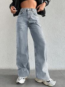 EURMUSE Solid Washed Straight Leg Jeans - Light Wash - View 5